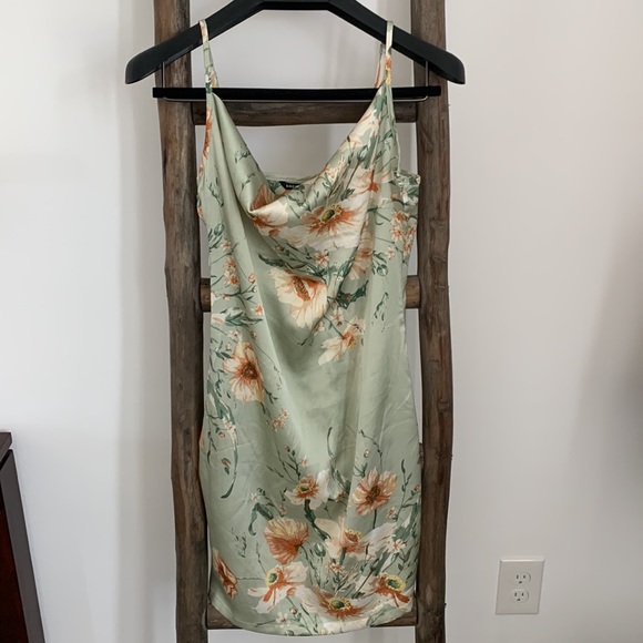 Mint Green Satin Floral Print Cami Dress Draped Collar Strap / SHEIN - Picture 6 of 10